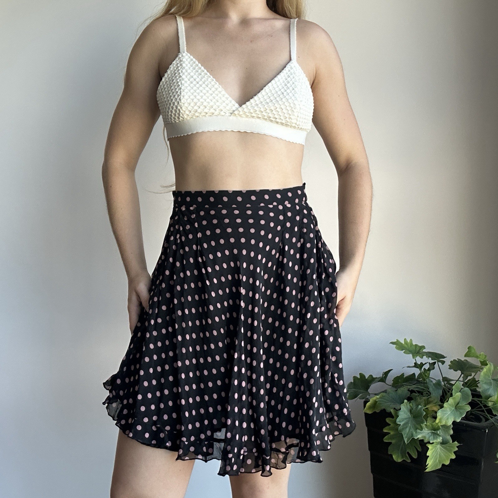 Bettina Liano Women’s 8 Brown & Pink Polka Dot Silk High Waisted Midi Skirt