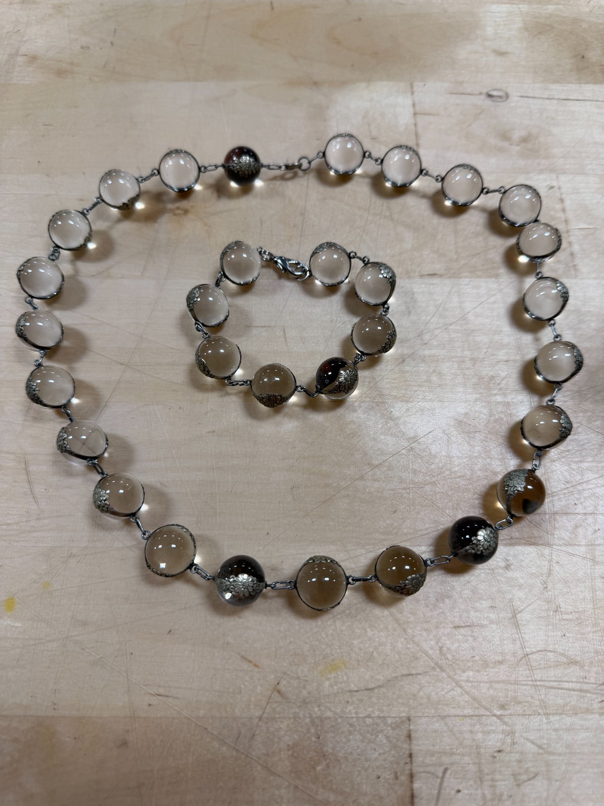 Art Deco Pools Of Light Rock Crystal Necklace Floral Band 21” w/ 7