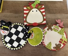 4 Pc Mud Pie Santa Ceramic Dish Appetizer Plate Ornament Christmas Bowl Bows