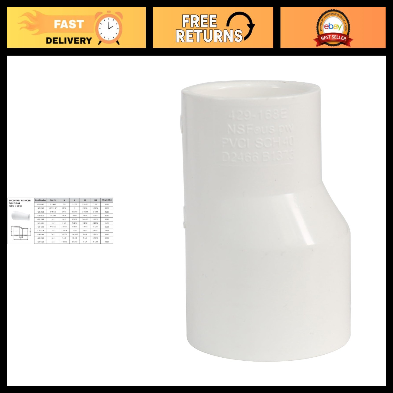 Eccentric Reducer Coupling 4x3" PVC Pipe Fitting - Schedule 40, High-Flow, Plumb
