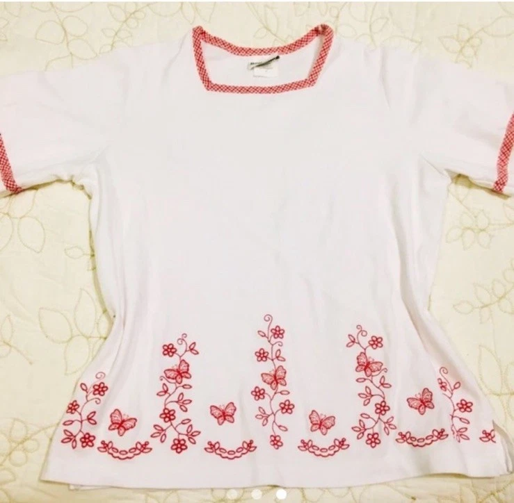 Blusa Camiseta Mujer Blanca y Roja Guinga Picnic Bonworth Manga Corta Talla S Foto 4 de 4
