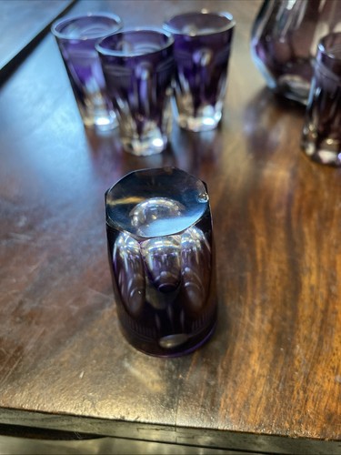 Bohemian Amethyst To Clear Cut Crystal Decanter And 6 Shot Glasses - Bild 7 von 7