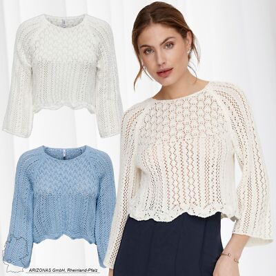 ONLY Damen Cropped Strickpullover 3/4 Arm Shirt Pointelle Sweater ONLNOLA