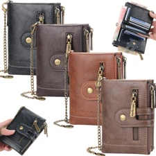 Mens Chain Wallet Genuine Leather RFID Biker Trucker Zip Bifold with Coin Pocket