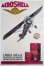Vtg 1930 AEROSHELL MOTOR OIL French 46x31 SHELL Aviation LITHO Poster FREE SHIP