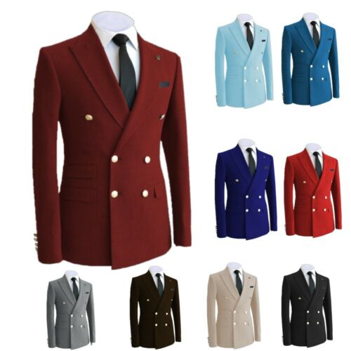 Business Men Suit Double Breasted Coat Jacket Blazer Tuxedos Tailored Peak Lapel - Picture 1 of 33