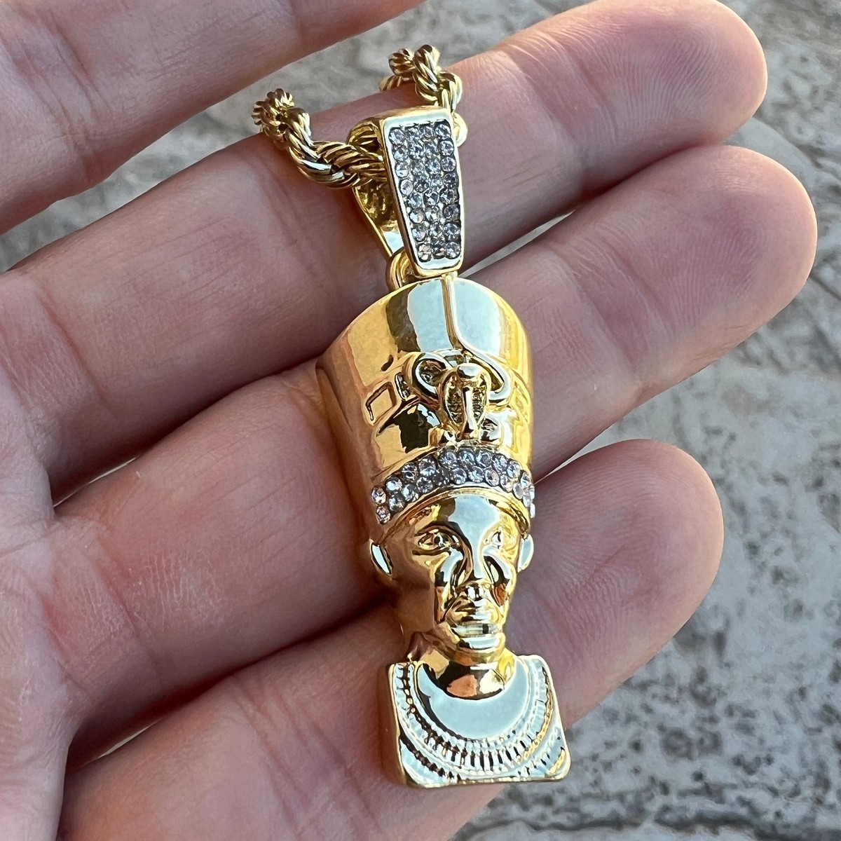 14K Gold Plated Egypt Queen Nefertiti Iced Bling Out Simulated CZ