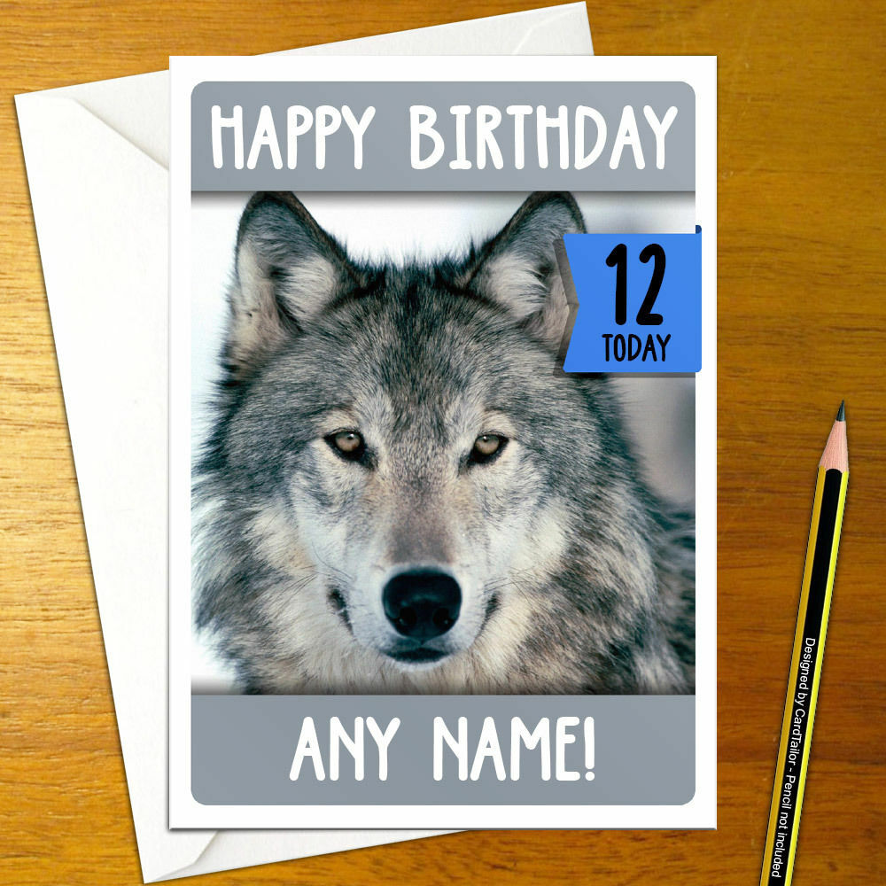 WOLF Personalised Birthday Card - A5 animal happy dog pup whelp wolves ...