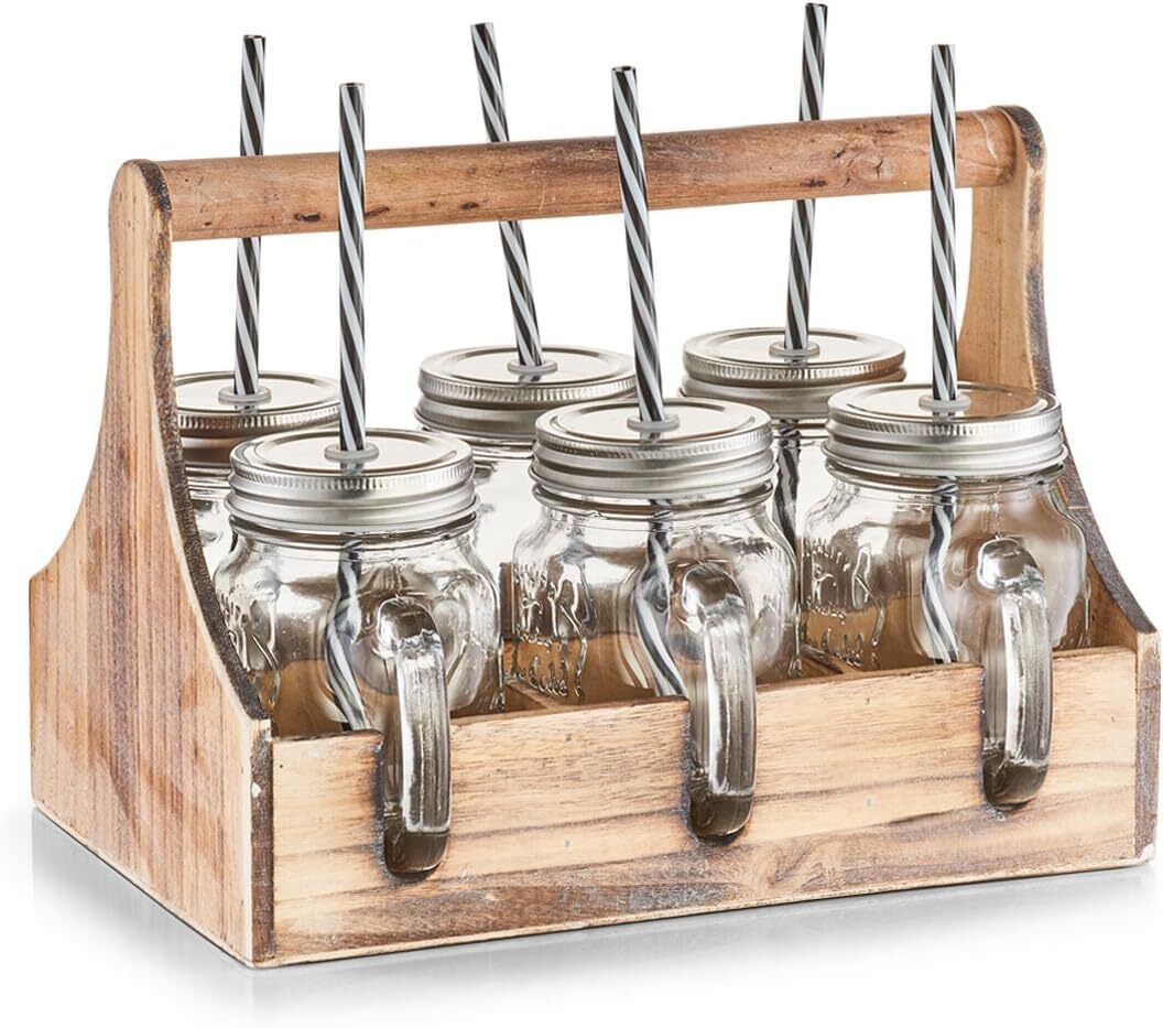 Avilia Set Vassoio in Legno con 6 Borracce in Vetro per Pic-nic e Piscine (M3L)