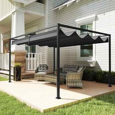 4 x 3m Metal Pergola, with Retractable Canopy Roof - Black