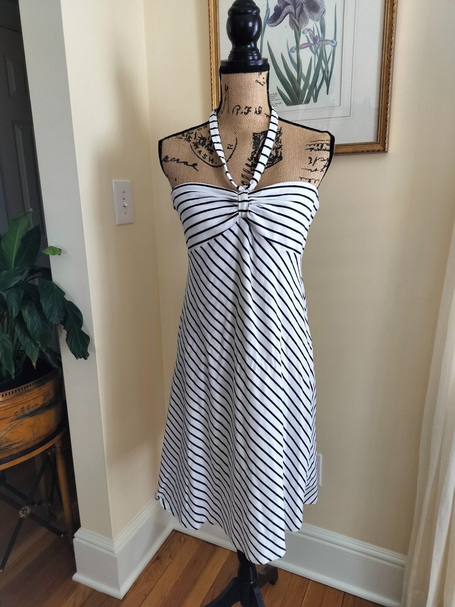 ann taylor loft halter dress Ann Taylor Loft black & white striped sun Dress Halter tie around neck top  Sz L