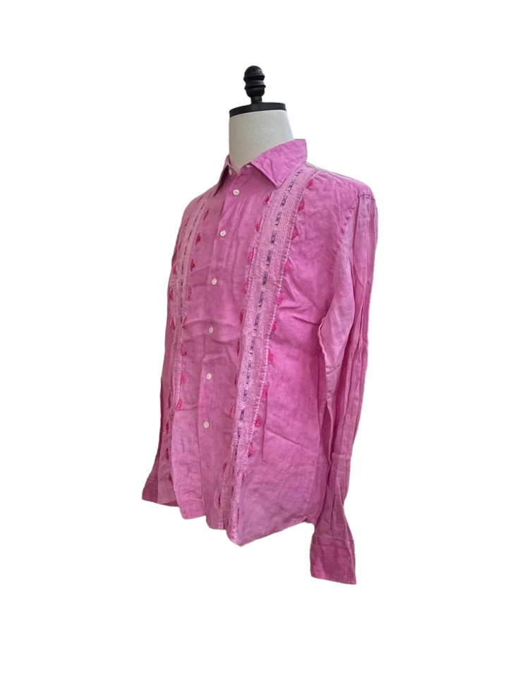 Camisa masculina Ermanno Scervino bordada rosa, franja abotoada tamanho IT56/XXXL - Imagem 2 de 4