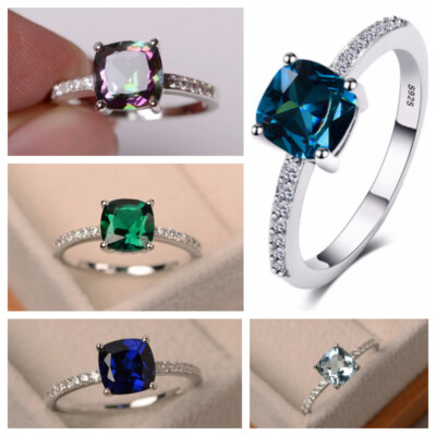 Women Fashion 5 Color Cubic Zirconia Rings 925 Silver Jewelry Size 6-10