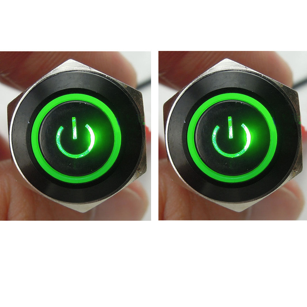 2Pcs 12V 3A 16mm Green Symbol&Circle LED Black Metal Switch Push Button ...
