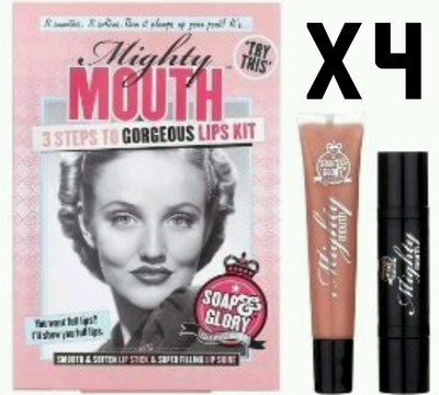 SOAP & GLORY MIGHTY MOUTH Lipstick Gloss Set Kit X4 WEIHNACHTSGESCHENK SCHNELL P&P VOLLE LIPPEN