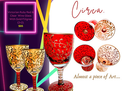 Victorian Ruby Red Wine Glass with Gold Filigree Painting c.1890