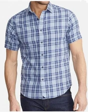 UNTUCKit Morton Button Down Short Sleeve Shirt Blue Plaid Tall Regular