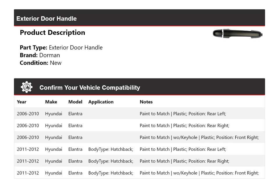 Manija de puerta exterior para Hyundai Elantra Dorman 2006-2012 2007 2008 2009 2010 Foto 2 de 4
