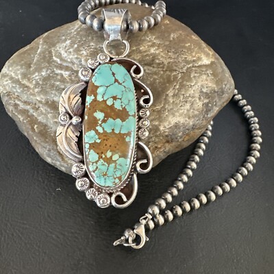 Blue Turquoise #8 Pendant Navajo Pearls Sterling Silver Necklace 15442