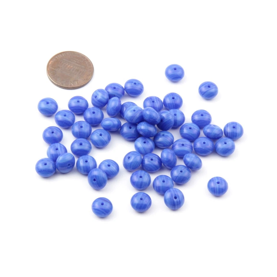 Lot (50) 8x5mm blue striped rondelle vintage Czech glass beads - Image 2 of 2