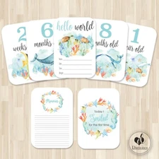  Unisex Milestone Cards, Marine animals, Whale,  Photo props, 40 cards, 300gsm