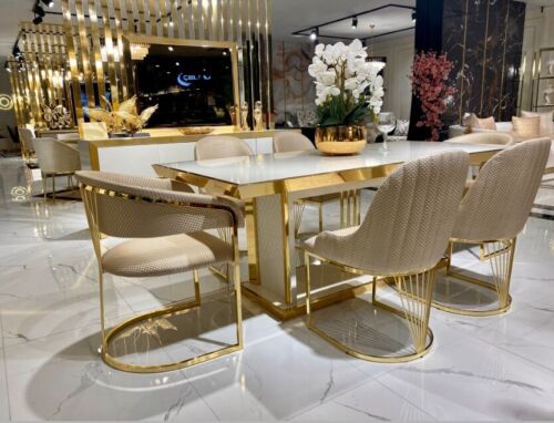 Luxus Tisch Weiß Edelstahl Tische Esstische Esstisch Italienisches Design Gold - Bild 1 von 1