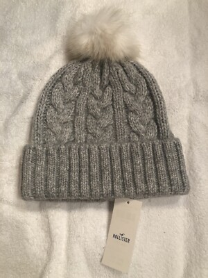 NWT Hollister Women Girl Grey Gray Knit Hat With Pom Pom - Main Image