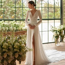 Bohemian Wedding Dresses Women Chiffon Long Sleeves Lace Appliques A Line