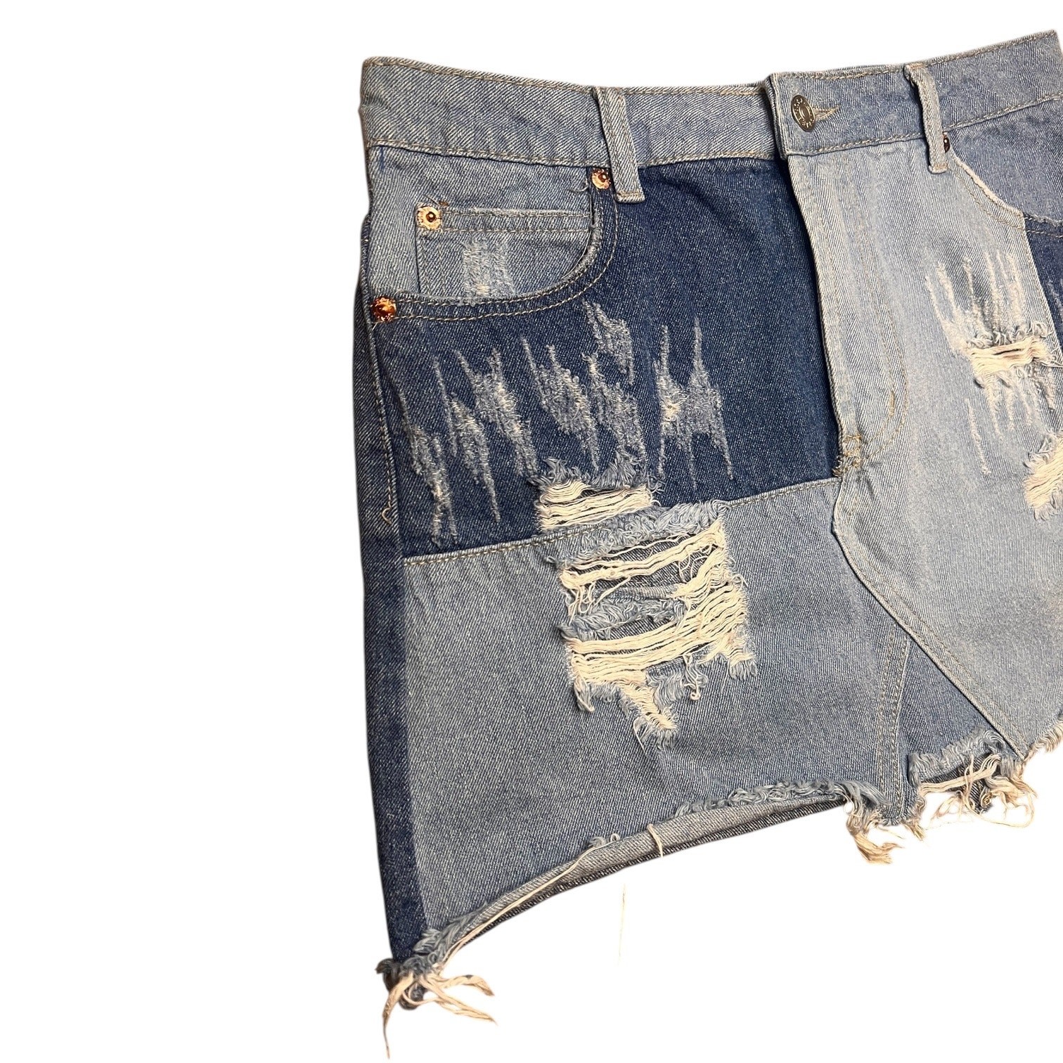 Sunset + Spring Denim Patchwork Mini Skirt – Dist… - image 2