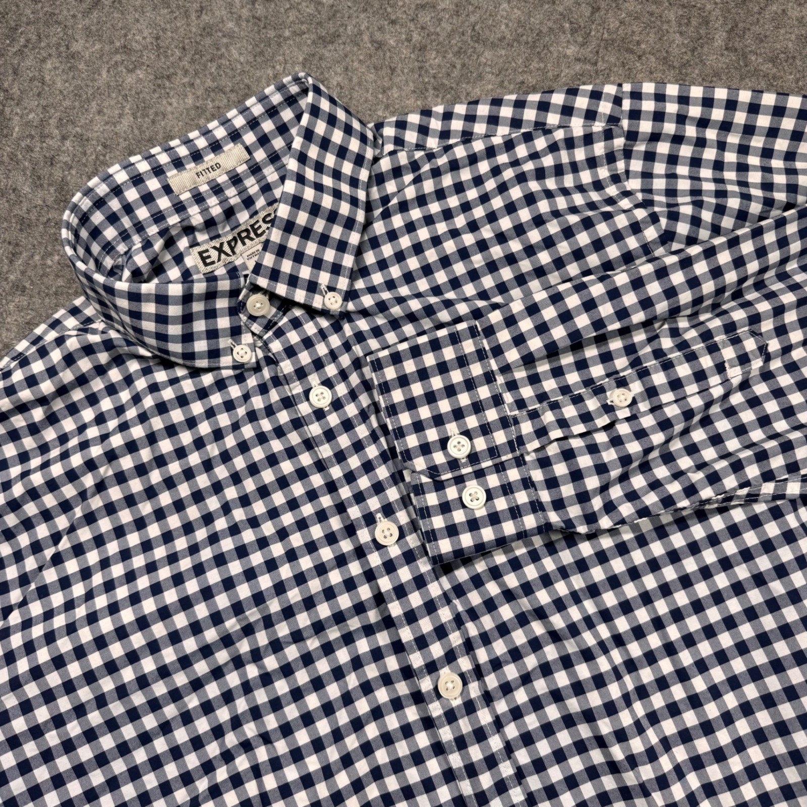 Express Men M Fitted Gingham Button Up Shirt Navy… - image 1