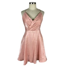 LULUS Shiny Pink Surplice V-Neck Skater Mini Dress Women's Size Medium Glam Chic