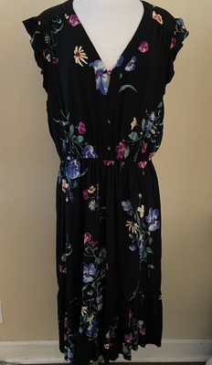 Old Navy Romantic Fit Flare Midi Dress Gathered Waist Black Floral Prairie XL
