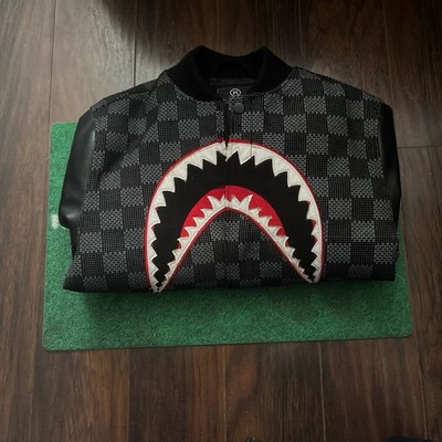 Hudson Outerwear Shark Mouth Varsity Jacket Black Gray Check Leather Sleeves L