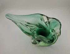 Vintage Murano Glass Art Hankerchief Style Ashtray Dish Heavy Green Clear 9"×5"