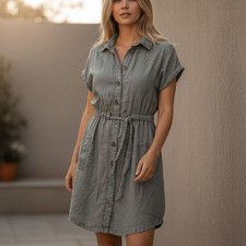049 Gray Short Sleeve Button Up Dress Womens Drawstring Waist Pockets