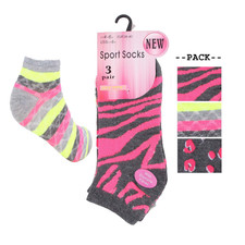 Ladies Zebra Print Trainer Socks 3 Pairs UK 4-6 Cotton Rich Mixed