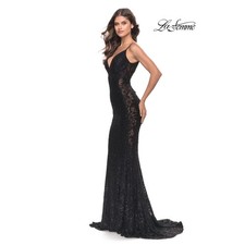 La Femme Black Beaded Lace Open Tie Back V-Neck Mermaid Prom Formal Gown 0