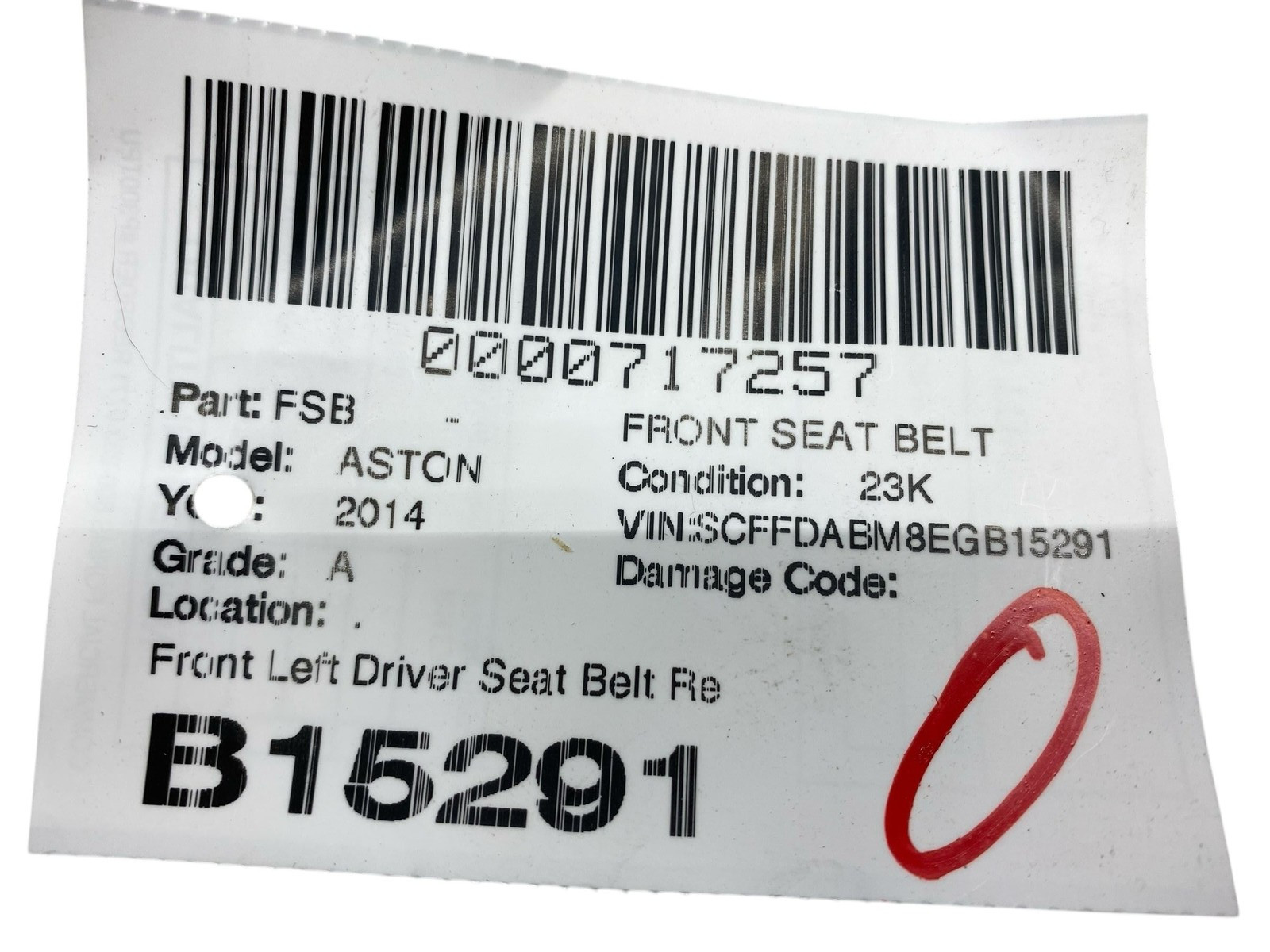 Aston Martin DB9 2013-2016 Front Left Seat belt retractor