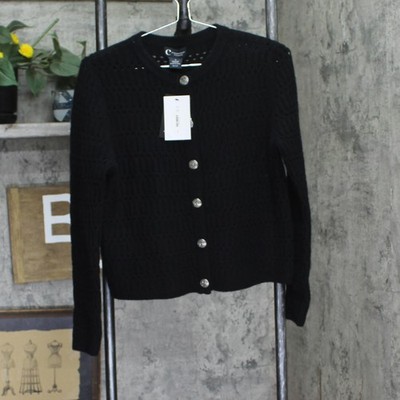 c By Private Label 2-Ply Cashmere Crochet Cardigan Button Front Sweater Black S