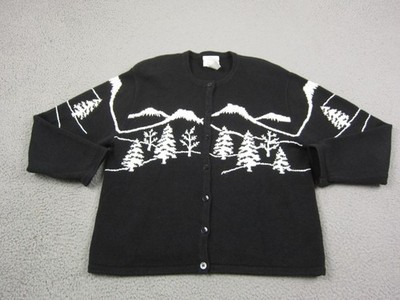 Vintage Christopher & Banks Cardigan Women Extra Large XL Black Winter Trees 90s