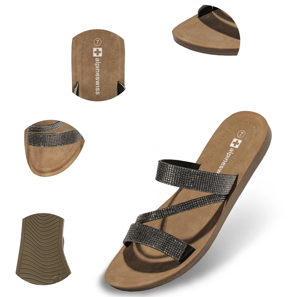 Sandalias Alpine Swiss para mujer con estrás elegantes zapatos planos de verano con tiras Foto 3 de 4