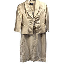 Adrianna Papell 2 Piece Dress Jacket Beige Beaded Silk Cotton Lined Sz 4P Petite