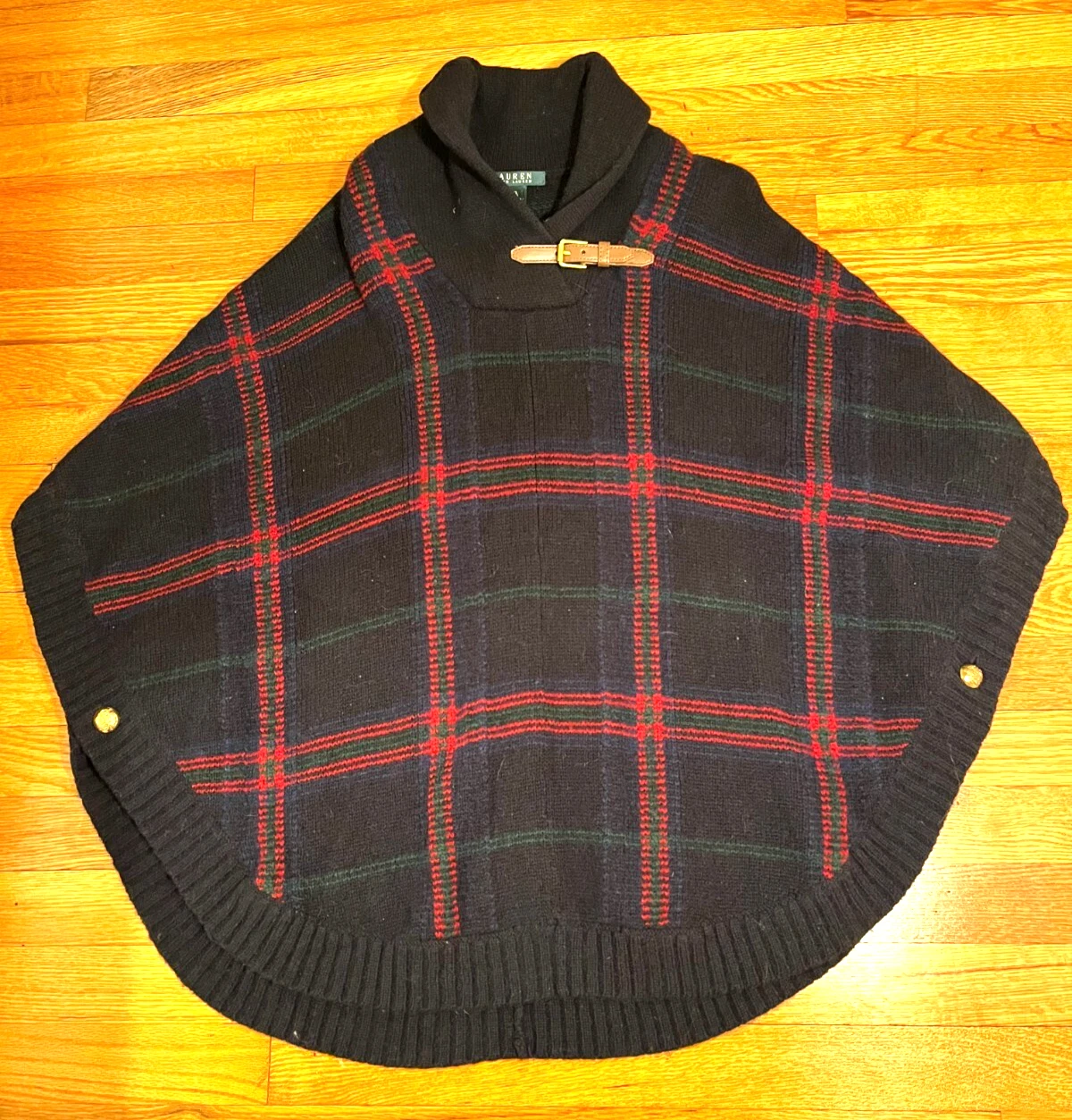 LAUREN RALPH LAUREN Collared Plaid Poncho Blue/Red Buckle 80%Lambswool L/XL