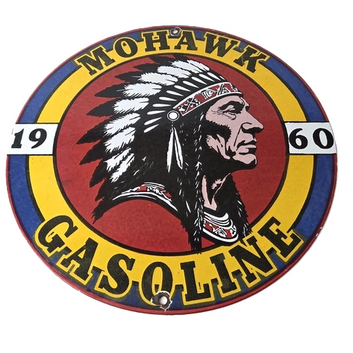 Vintage Mohawk Gasoline Sign - Gas Porcelain Service Native American Indian Sign