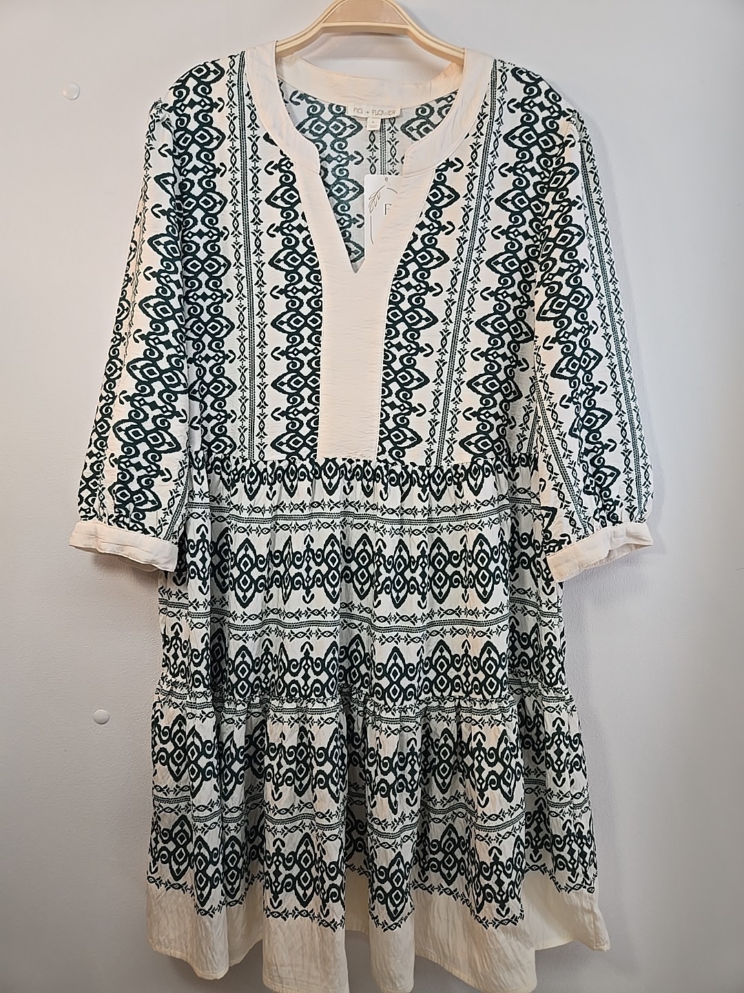 NWT Anthropologie Fig And Flower Sz L Ivory Green Flowy Knee Length Dress