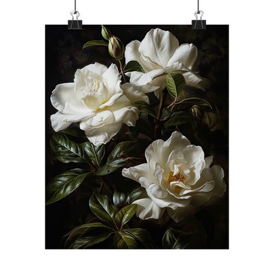 White Gardenia Flower Art Print Poster, Flower Painting, Flower Décor