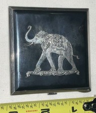 Thai 1940s Siam Niello 925 Sterling Elephant/ Goddess mirror Compact