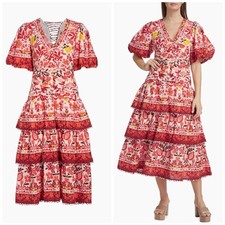 FARM RIO Romantic Orchard 100% Cotton Floral Midi Dress Size Small Red NWT