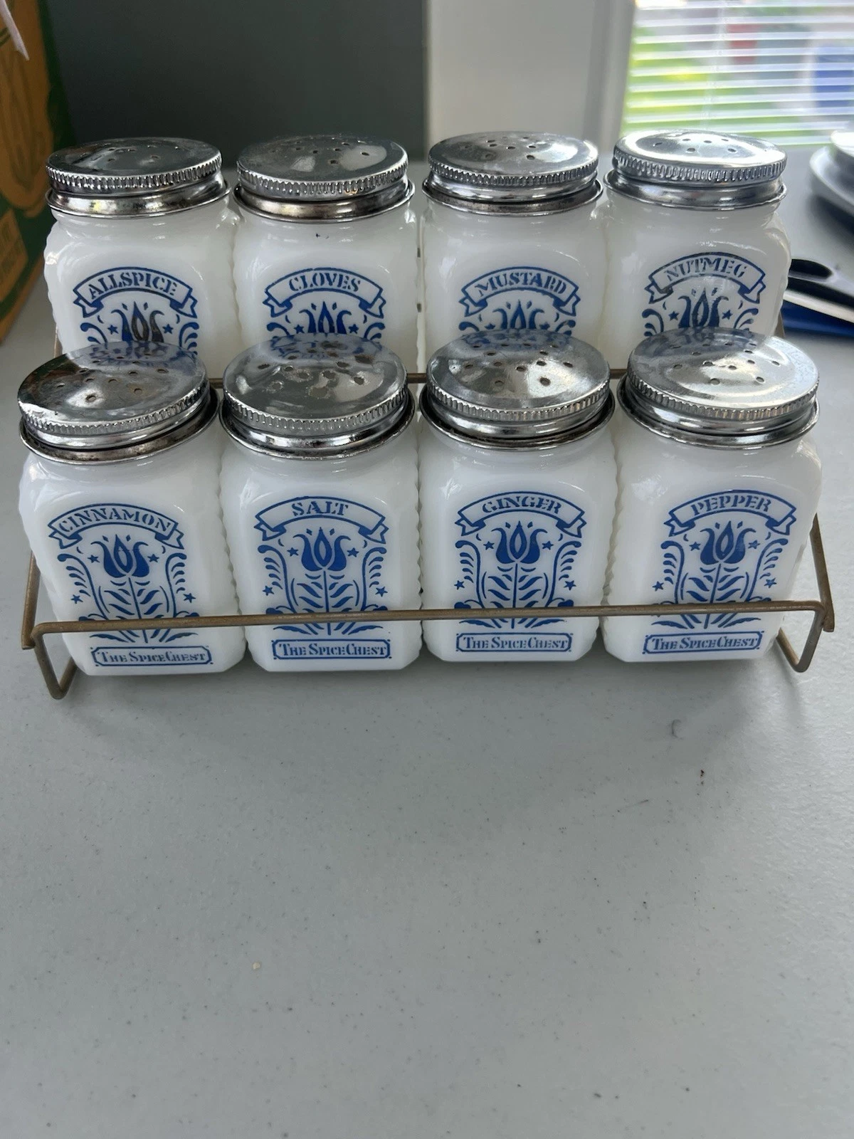 8 Vintage Hoosier style milk glass shakers Spice Chest with Rack, Rare Piece