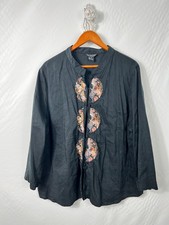 Citron Jacket Women's 3X Embroidered Silk Linen Asian Button Blazer Boho Blouse